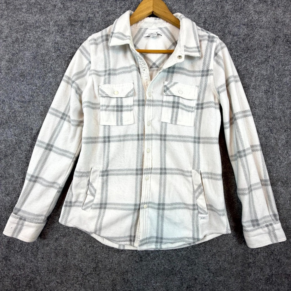 O Neill Shacket‎ Shirt Womens Small White Gray Plaid Fleece Lined Snap Front